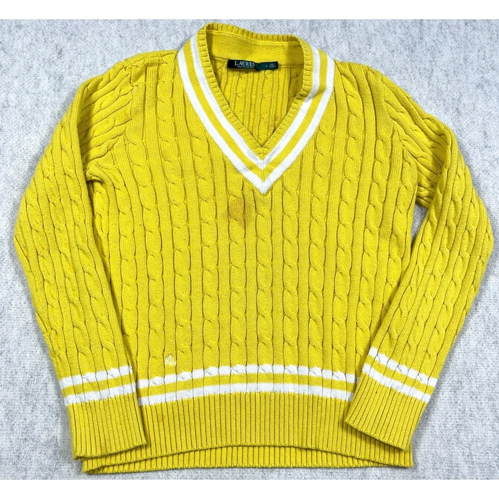 Lauren Ralph Lauren Sweater Women Large Yellow Cable Knit V Neck Textured STAINS